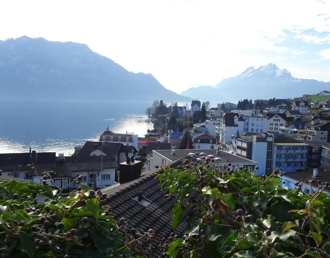Top Aussicht über Weggis, See und Berge (Hier Bürgenstock und Pilatus) von BEIDEN BALKONEN aus. Sogar vom Bett aus!