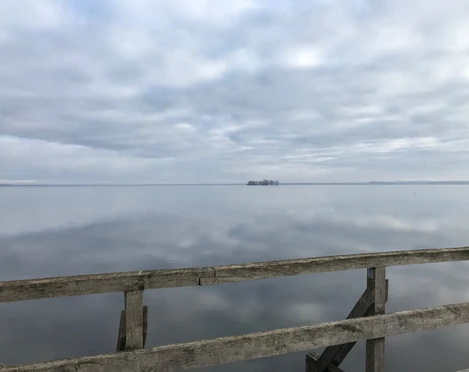 Vogelbeobachtungsturm Winzlar am Steinhuder Meer Holzgeländer vor stiller Gewässerlandschaft mit bewölktem Himmel, im Hintergrund eine kleine Insel.