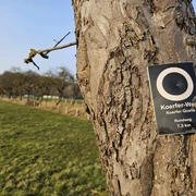 Ein Holzschild am Baum markiert den 7,3 km langen Koerfer-Weg durch eine offene Wiesenlandschaft.