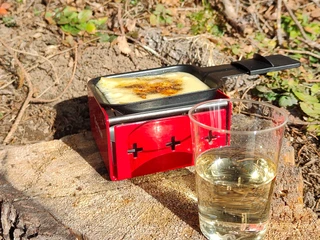 Raclette stop on the snowshoe tour Raclette-Öfelchen mit Käse und ein Glas Wein davorRaclette cubes with cheese and a glass of wine in front of itPetits cubes de raclette avec du fromage et un verre de vin devant