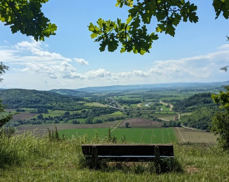 1Ausblick vom Altendorfer Berg Ein Holzbank dient als Sitzplatz für einen tollen Ausblick in die Landschaft.