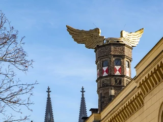 Golden flying car Historische Fassade eines Kölner Gebäudes, gekrönt von goldenen Adlerflügeln. Dahinter ragen die Türme des Kölner Doms majestätisch in den blauen Himmel. Historic façade of a Cologne building, crowned by golden eagle wings. Behind it, the towers of Cologne Cathedral rise majestically into the blue sky.
