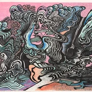 Ein abstraktes Kunstwerk voller bunter, kurvenreicher Linien und Formen in markanten Farben.An abstract work of art full of colorful, curvy lines and shapes in striking colors.