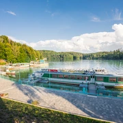 Talsperre Kriebstein - Ausflugsziele in Leipzig und Region Ein Schiff der Fahrgastflotte Talsperre Kriebstein liegt am Hafen bei sonnigem Wetter, Ausflug, Leipzig Region, Natur