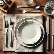 Gastronomie im neanderland Ein stilvoll gedeckter Tisch mit weißem Porzellan, Besteck, Gläsern und einer Serviette auf Holz.