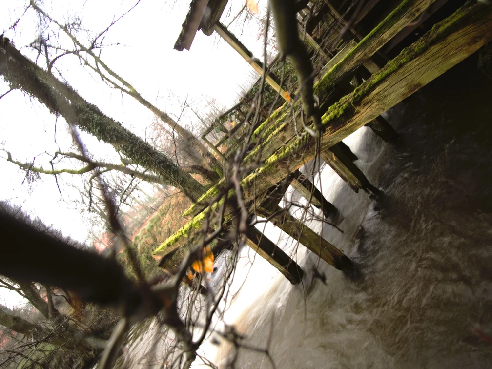 Soderstorf Mühle .jpg Ein moosbewachsener Steg führt über einen fließenden Bach, umgeben von kahlen Ästen und winterlicher Natur.