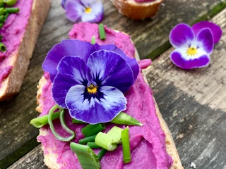 Waldkräuterey  Ein Baguette mit einer leuchtend violetten Aufstrichcreme, garniert mit essbaren Blüten und Schnittlauch.
