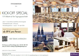 Kick Off.JPG <p>Werbung für Steigenberger Hotel Köln mit Angeboten und Bildern von Konferenzraum und Köln Panorama.</p>