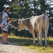 Mutter und Tochter begegnen auf dem Wanderweg einer Kuh
