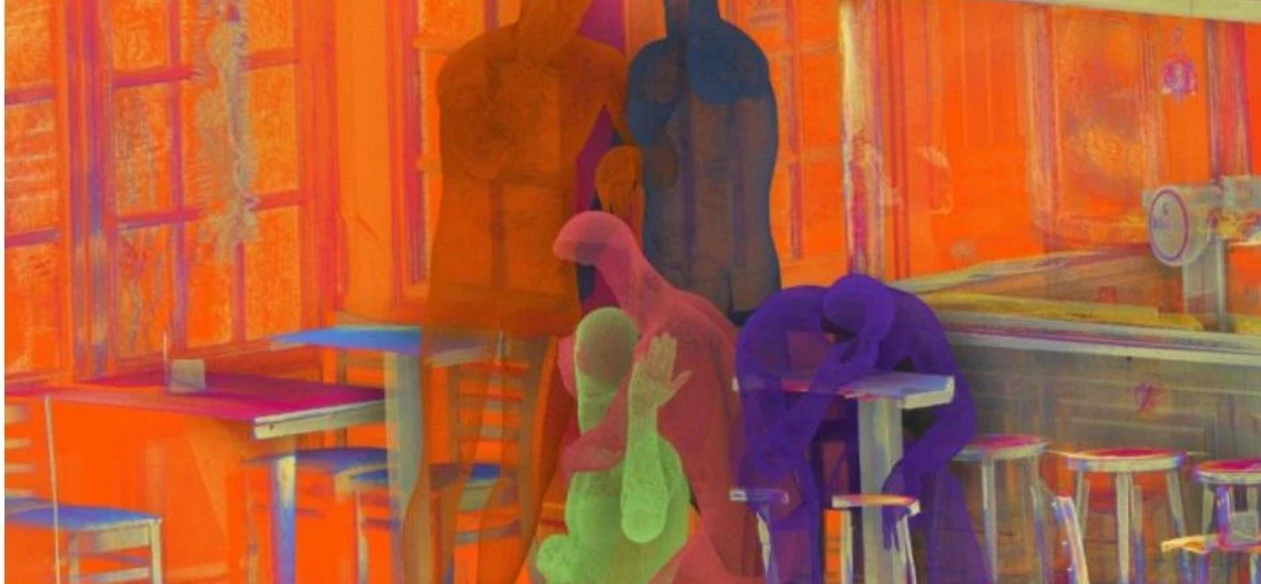 Farbenfrohe Darstellung mehrerer menschlicher Figuren auf Hochstühlen und an einer Bar in einer warmbeleuchteten Umgebung.