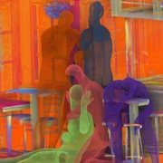 Ort.Zeit.Kontinuum (c) Tim Berresheim.jpg Farbenfrohe Darstellung mehrerer menschlicher Figuren auf Hochstühlen und an einer Bar in einer warmbeleuchteten Umgebung.