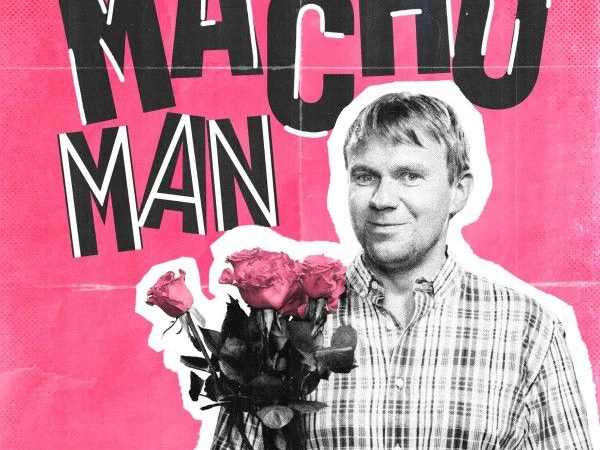 Plakat des Theaterstücks mit dem Titel auf pinkem Hintergrund und einem schwarz-weiß Foto von einem Mann mit Blumenstrauß in der Hand.