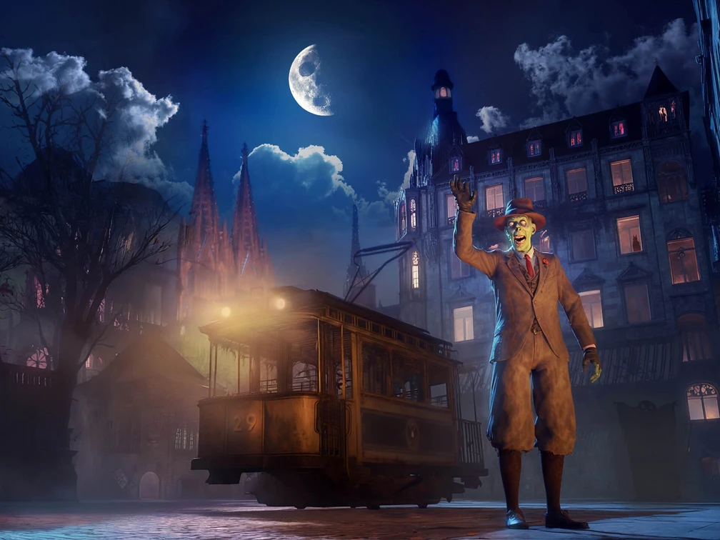Creepy in Old Cologne Im mystischen Abendlicht fährt eine alte Straßenbahn durch Köln, während ein gruseliger Mann, von geheimnisvollem Mondlicht erhellt, winkt.In the mystical evening light, an old tram travels through Cologne while a creepy man, illuminated by mysterious moonlight, waves.