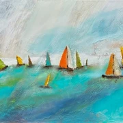 Schiffe im meer.jpg Farbenfrohe Segelboote gleiten auf einem azurblauen Meer. Der Himmel ist düster.