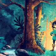 Illustration von Ronja Räubertochter, ein Mädchen in Jagd-Kleidung, mit entschlossenem Blick, umgeben von mystischen Bäumen im Wald.