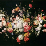 Hieronymus Galle, garland of flowers Eine prachtvolle Blumengirlande aus Rosen, Lilien, Anemonen und anderen farbenfrohen Blüten auf dunklem Hintergrund.A magnificent flower garland of roses, lilies, anemones and other colorful blossoms on a dark background.