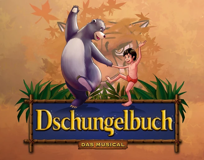 Dschungelbuch - das Musical_Plakat (c) Theater Liberi.jpg Illustration von Balu dem Bären und Mogli, die fröhlich tanzen. Im Hintergrund ist ein mystischer, gedämpfter Dschungel und das Gesicht von Tiger Shir Khan. Der Titel "Dschungelbuch - Das Musical" steht in goldener Schrift darunter.