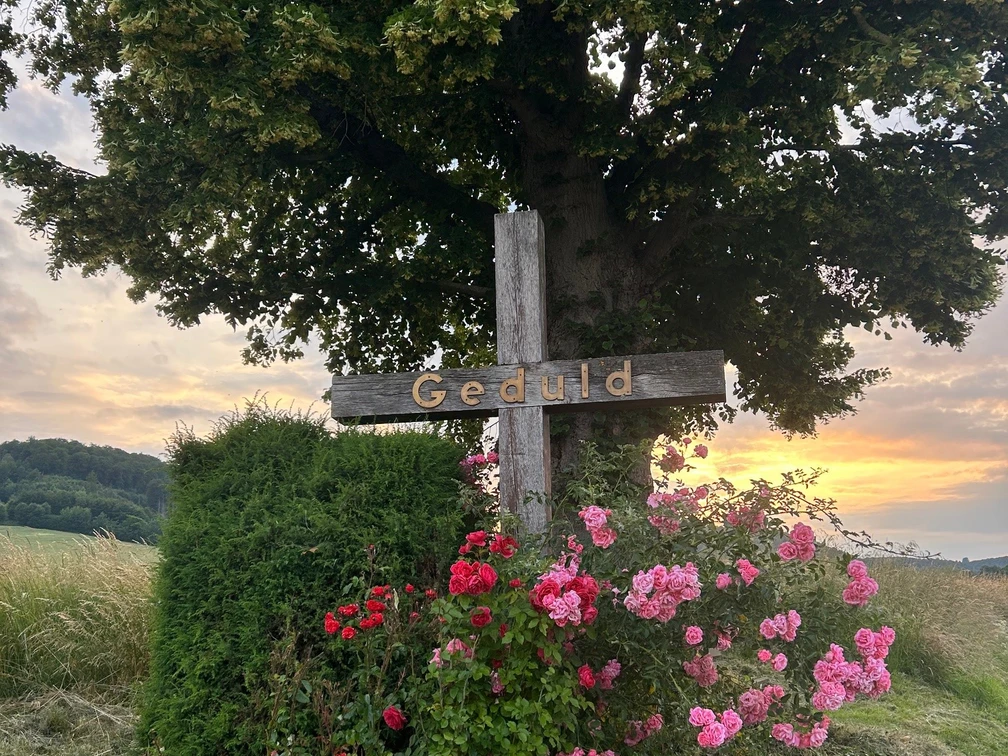 kreuz_godelheim_mariealthaus.jpg Schönes Holzkreuz unter einem Baum mit Bepflanzung