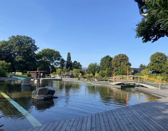 IMG_5788 4.jpeg Ein weitläufiger Park mit Teich, Holzsteg und Brücken, umgeben von vielfältigen grünen Bäumen.