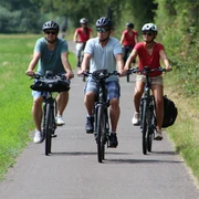 Radfahren in der Mittelweser-Region Eine Gruppe Radfahrer mit Helmen unterwegs auf einem asphaltierten Weg durch grüne Landschaft.