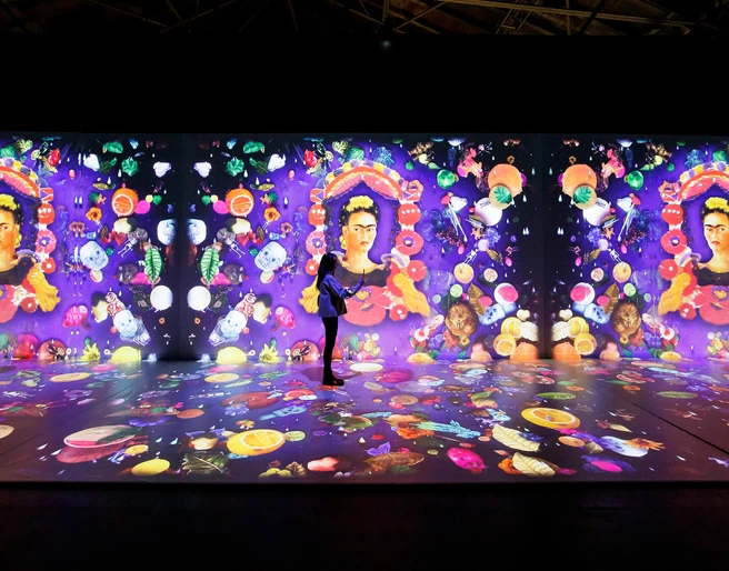 VIVA FRIDA KAHLO Eine bunte, immersive Darstellung der Künstlerin Frida Kahlo umgeben von floralen und geometrischen Mustern.A colorful, immersive depiction of the artist Frida Kahlo surrounded by floral and geometric patterns.
