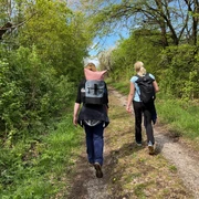 Wandern in der Mittelweser-Region Zwei Wanderinnen mit Rucksäcken auf einem Pfad durch eine grüne, dichte Waldlandschaft.