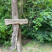 Beschilderung Tiergehege Schild aus Holz am Baum zeigt mit einem Pfeil zur Seite. Der Text auf dem Schild lautet "Tiergehege". Das Schild ist von dichtem grünen Laub umgeben und fester Bestandteil der natürlichen Umgebung.