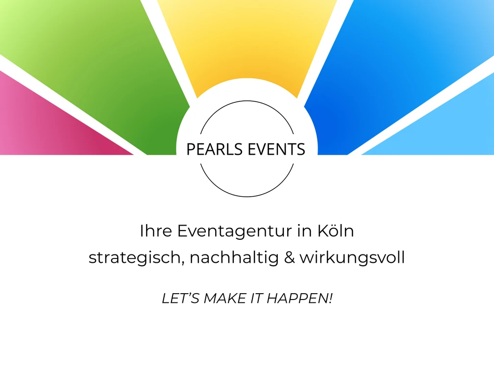 1.png Auf dem Bild "1.png" ist das Logo von Pearls Events, einer Eventagentur in Köln, abgebildet. Es zeigt mehrere farbige Segmente, die von einem zentralen Kreis ausgehen. In diesem Kreis steht "PEARLS EVENTS". Darunter folgt der Slogan "Ihre Eventagentur in Köln - strategisch, nachhaltig & wirkungsvoll". Am unteren Rand des Bildes steht in Englisch: "LET'S MAKE IT HAPPEN!".The image "1.png" shows the logo of Pearls Events, an event agency in Cologne. It shows several colored segments emanating from a central circle. This circle contains the words "PEARLS EVENTS". Below this is the slogan "Your event agency in Cologne - strategic, sustainable & effective". At the bottom of the image, it says in English: "LET'S MAKE IT HAPPEN!".