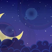 Mondscheingeschichten Ein gelber Halbmond schwebt vor einem sternenklaren Nachthimmel über stilisierten Wolken.