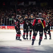 Kölner Haie Fünf Eishockeyspieler der Kölner Haie stehen in voller Ausrüstung auf dem Eis in der Lanxess Arena.Five Cologne Sharks ice hockey players in full gear on the ice in the Lanxess Arena.