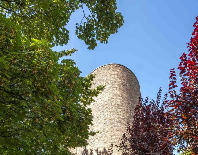 St. Alban Rundturm aus rotem Backstein, umgeben von buntem Herbstlaub und hellem Himmel.Round tower made of red brick, surrounded by colorful autumn leaves and a bright sky.