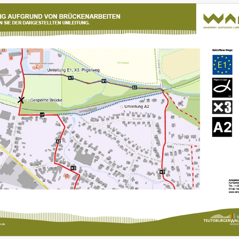 Umleitung_E1.png Eine Karte zeigt eine Umleitung wegen Brückenarbeiten im Teutoburger Wald nahe Piggenweg.