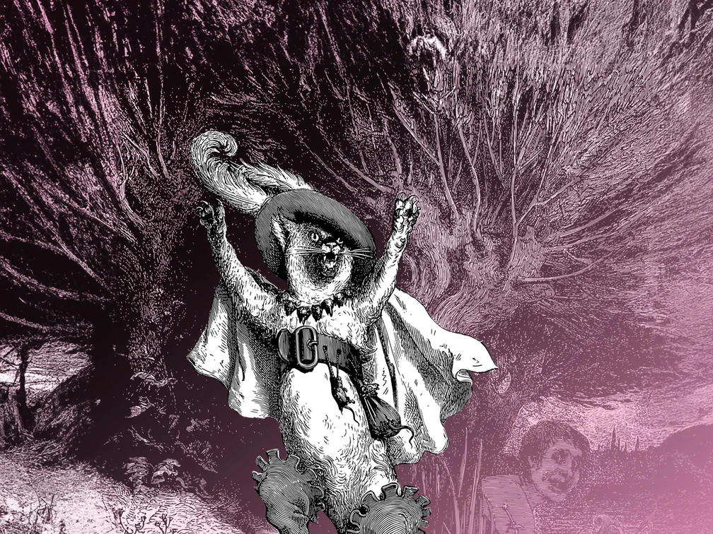 Gestiefelter Kater Gestiefelter Kater in mittelalterlicher Kleidung tanzt energisch in einem märchenhaften Wald.