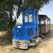Eine historische Moorbahn in blau auf schmaler Schiene vor einem Baum und einem weiten, klaren Himmel.