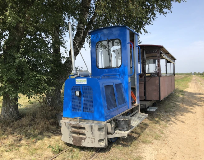 Moorbahn Uchte Eine historische Moorbahn in blau auf schmaler Schiene vor einem Baum und einem weiten, klaren Himmel.