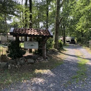 Eingang des Naturcampingplatzes "Im Braucke" mit Holzschild, umgeben von hohen Bäumen und Kiesweg.