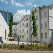 Jüdisches Museum Frankfurt Heller Innenhof mit weißem Altbau, jungen Bäumen und Skulptur.Bright courtyard with white historic building, young trees and sculpture.