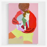 Moritz Moll Ein Junge mit einer Katze im Arm auf einem modernen Gemälde, dominiert von hellen Farben und klaren Linien.A boy with a cat in his arms in a modern painting, dominated by bright colors and clear lines.