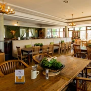 Panorama Bistro im Hotel Rathener Hof Einladende Bistro-Atmosphäre mit Holzmöbeln, eleganter Beleuchtung und einem Blick auf üppige Natur.
