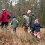 SHOTZ-8095.jpg Eine Gruppe von Erwachsenen und Kindern geht im Herbst durch hohes, trockenes Gras eines Waldes. Sie sind in warme Kleidung gehüllt, während sie einen Pfad betreten. Die Bäume im Hintergrund sind kahl, und das Auto steht am Rand, teils sichtbar.