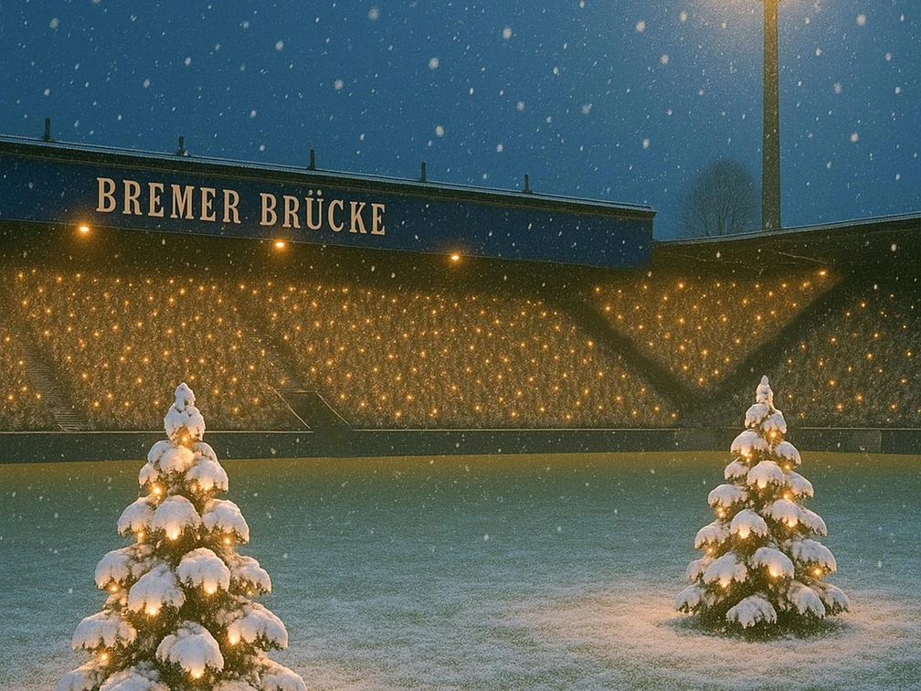 Weihnachtssingen_Bremer_Bruecke_Quadrat.jpg Schneebedecktes Fußballstadion bei Nacht, beleuchtet durch Flutlicht, prägt weihnachtliche Stimmung.Snow-covered soccer stadium at night, illuminated by floodlights, creates a Christmassy atmosphere.Een besneeuwd voetbalstadion bij nacht, verlicht door schijnwerpers, creëert een kerstsfeer.