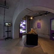 View of the exhibition Ein moderner Ausstellungsraum mit interaktiven Tafeln und Beleuchtung in einem Gewölbebogen.A modern exhibition space with interactive panels and lighting in a vaulted arch.