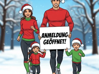 Weihnachtsmützenlauf.png Laufende Familie in Weihnachtsmützen hält Schild mit der Aufschrift „Anmeldung geöffnet“