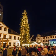 Weihnachtsmarkt Rochlitz - Weihnachten in der Region Leipzig Auf dem Weihnachtsmarkt in Rochlitz flanieren Menschen zwischen festlich erleuchtetem Tannenbaum und Ständen.