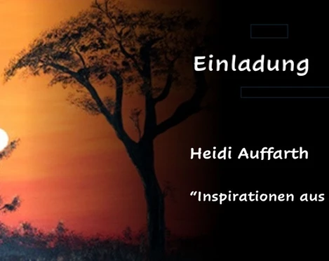 Insprirationen aus Afrika.PNG Sonnenuntergang mit Silhouette eines Baumes und Text auf Einladung "Inspirationen aus Afrika".