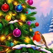 Tannenbaum, Winter, Rotkehlchen, Weihnachten