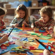 Ein Bild von Kindern, die an einem großen Tisch sitzen und mit Schere, Papier und bunten Farben basteln(1).jpg