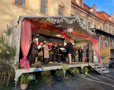 Brandiser Schlossweihnacht - Weihnachten in der Region Leipzig Im Schlosspark Brandis singt ein Chor auf einer festlich dekorierten Bühne während des Weihnachtskonzerts.