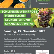 Plakat von der Schlenderweinprobe im Herbst mit einer Kürbissuppe und Weintrauben