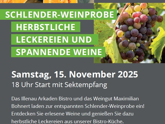 Plakat von der Schlenderweinprobe im Herbst mit einer Kürbissuppe und Weintrauben